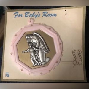 Vintage Bakelite Baby’s Crib Guardian Angel 1940s Charm Medal Ornament “Vtg NEW”